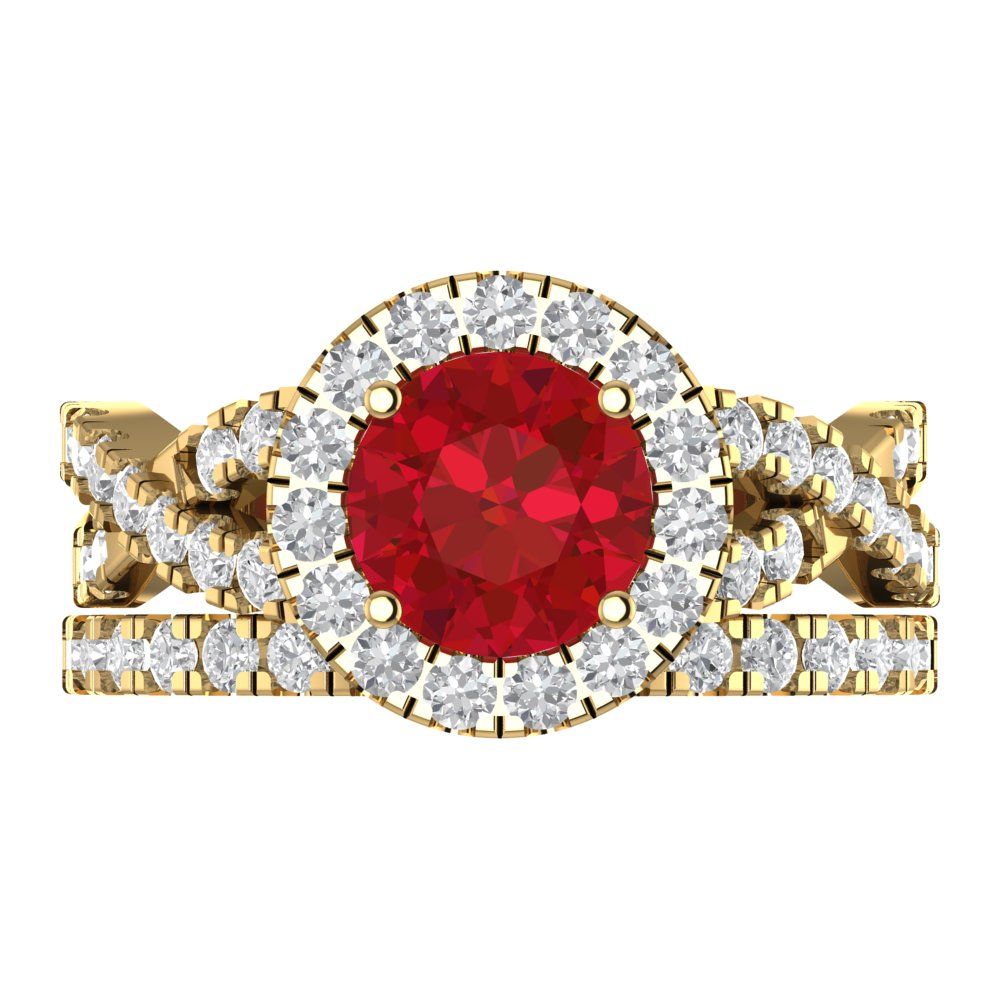 1.795 cttw Round Cut Simulated Pink Tourmaline Bridal Set - Solid Yellow Gold Engagement Ring & Wedding Band