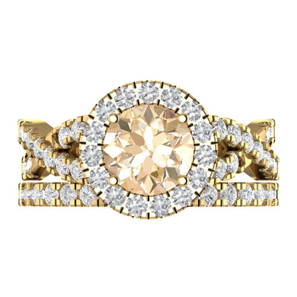 1.795 cttw Round Cut Natural Morganite Bridal Set - Solid Yellow Gold Engagement Ring & Wedding Band