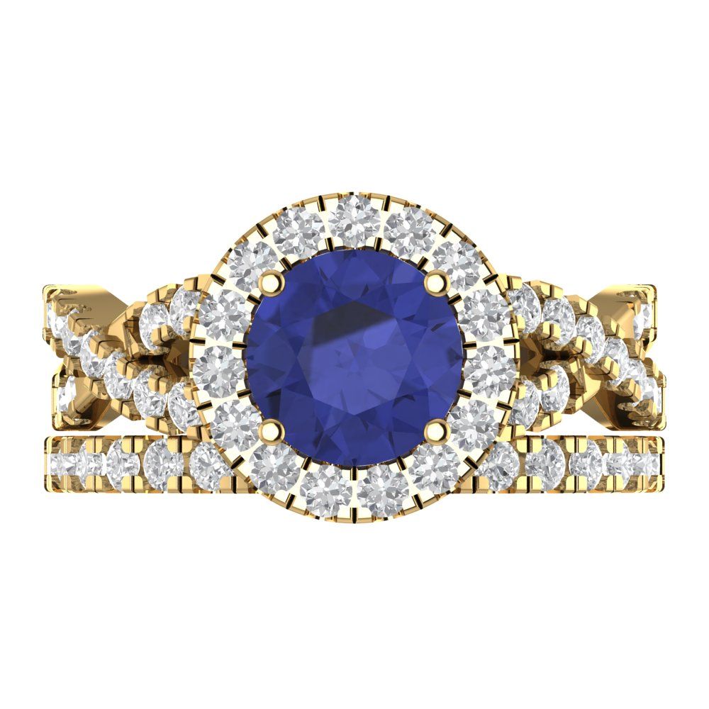 1.795 cttw Round Cut Simulated Tanzanite Bridal Set - Solid Yellow Gold Engagement Ring & Wedding Band