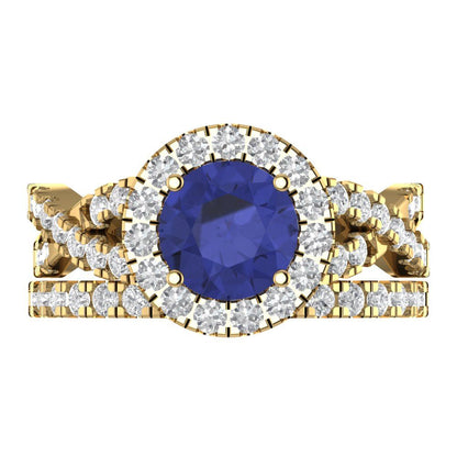 1.795 cttw Round Cut Simulated Tanzanite Bridal Set - Solid Yellow Gold Engagement Ring & Wedding Band
