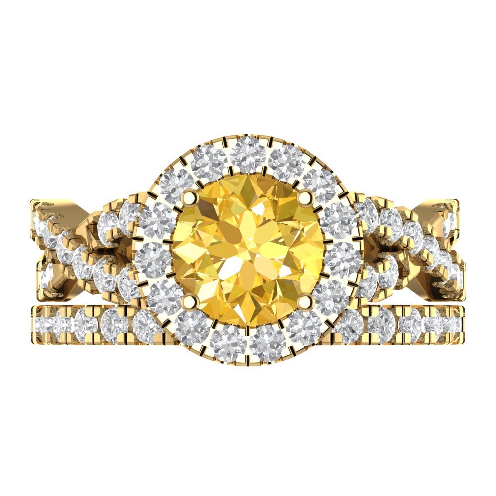 1.795 cttw Round Cut Natural Citrine Bridal Set - Solid Yellow Gold Engagement Ring & Wedding Band