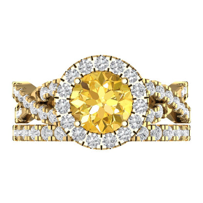 1.795 cttw Round Cut Natural Citrine Bridal Set - Solid Yellow Gold Engagement Ring & Wedding Band