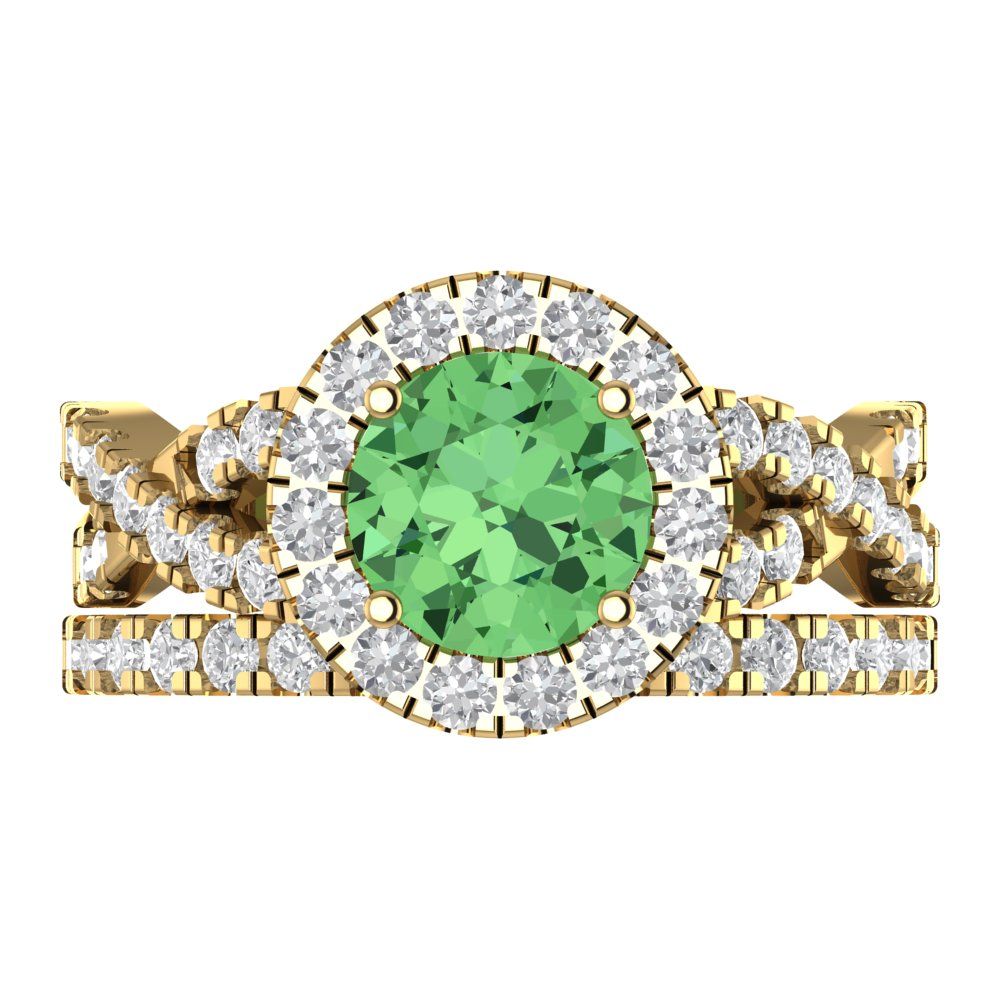 1.795 cttw Round Cut Simulated Green Diamond Bridal Set - Solid Yellow Gold Engagement Ring & Wedding Band