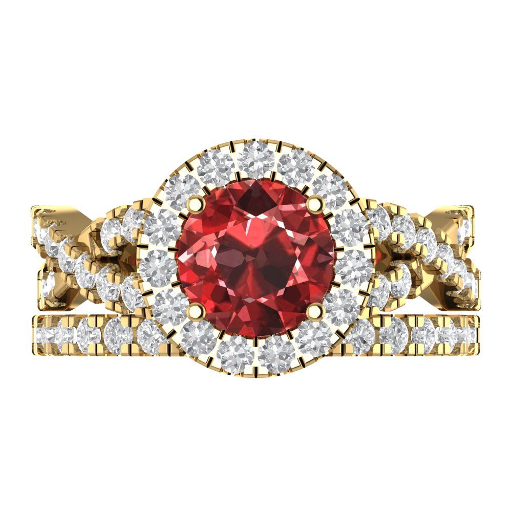 1.795 cttw Round Cut Natural Garnet Bridal Set - Solid Yellow Gold Engagement Ring & Wedding Band