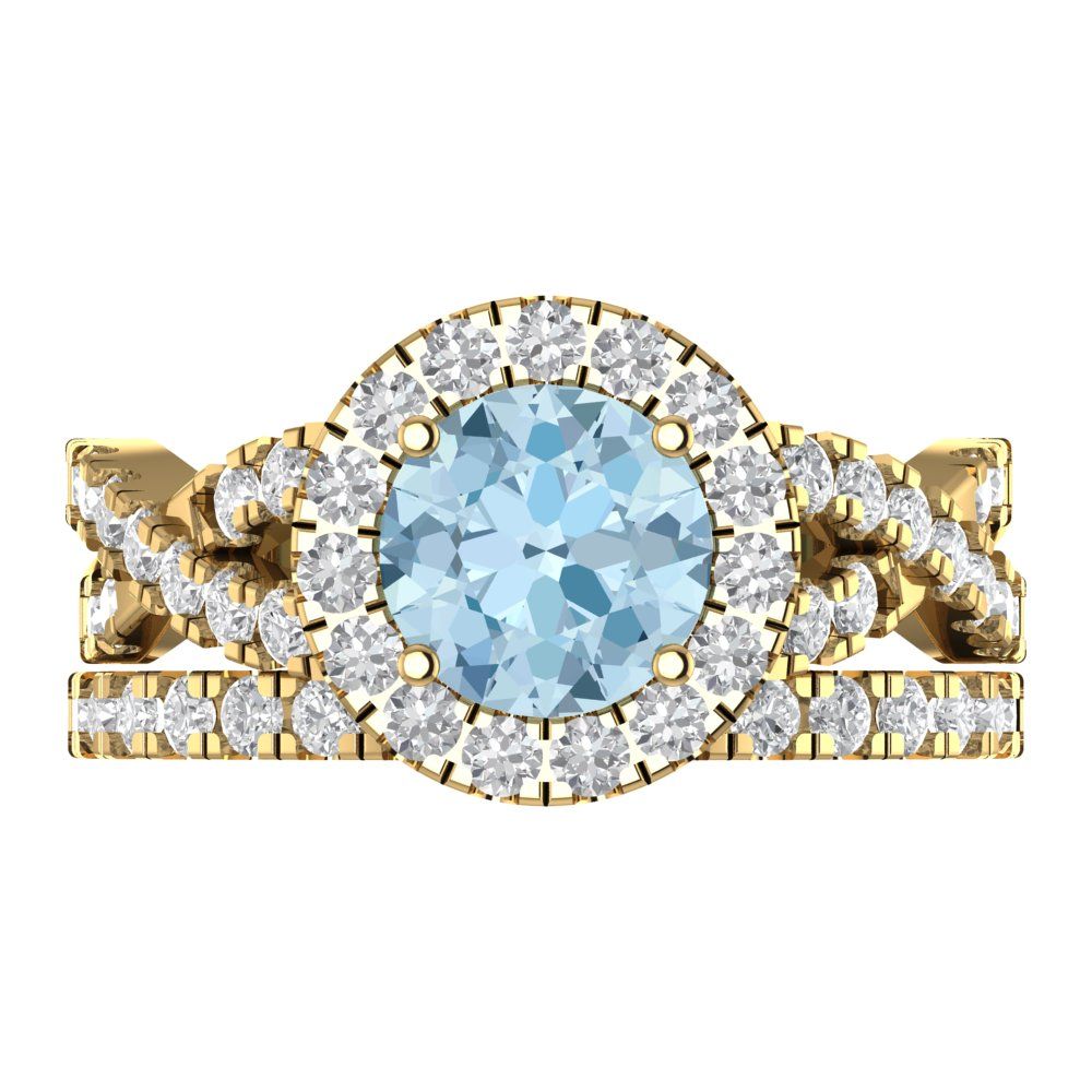 1.795 cttw Round Cut Natural Sky Blue Topaz Bridal Set - Solid Yellow Gold Engagement Ring & Wedding Band