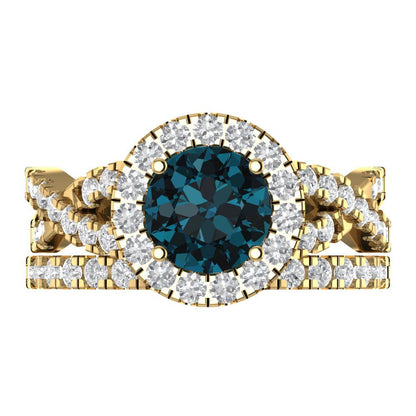 1.795 cttw Round Cut Natural London Blue Topaz Bridal Set - Solid Yellow Gold Engagement Ring & Wedding Band