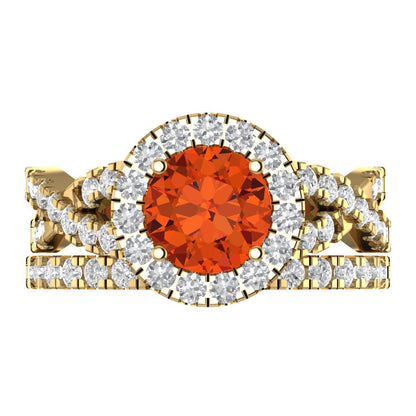 1.795 cttw Round Cut Simulated Red Diamond Bridal Set - Solid Yellow Gold Engagement Ring & Wedding Band