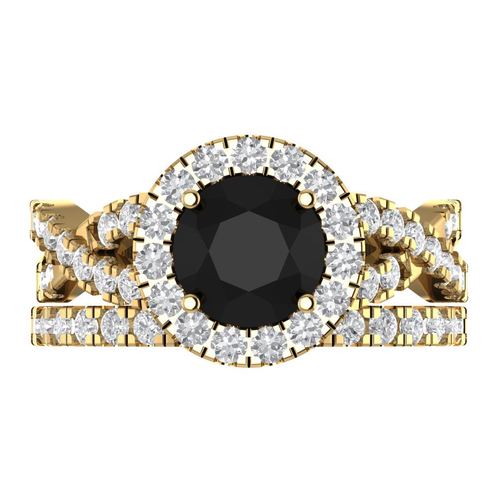 1.795 cttw Round Cut Natural Onyx Bridal Set - Solid Yellow Gold Engagement Ring & Wedding Band