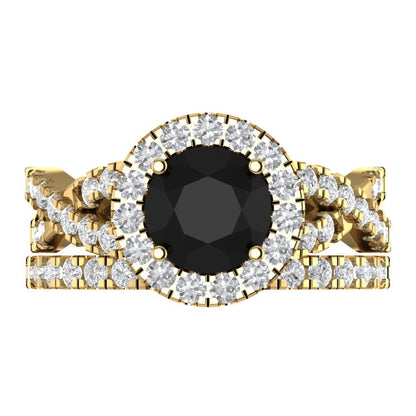 1.795 cttw Round Cut Natural Onyx Bridal Set - Solid Yellow Gold Engagement Ring & Wedding Band