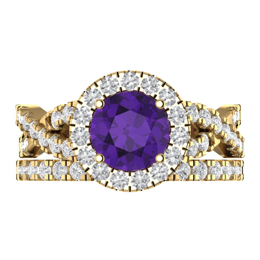 1.795 cttw Round Cut Natural Amethyst Bridal Set - Solid Yellow Gold Engagement Ring & Wedding Band