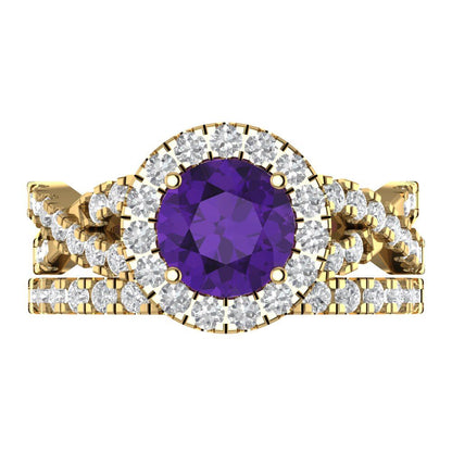 1.795 cttw Round Cut Natural Amethyst Bridal Set - Solid Yellow Gold Engagement Ring & Wedding Band