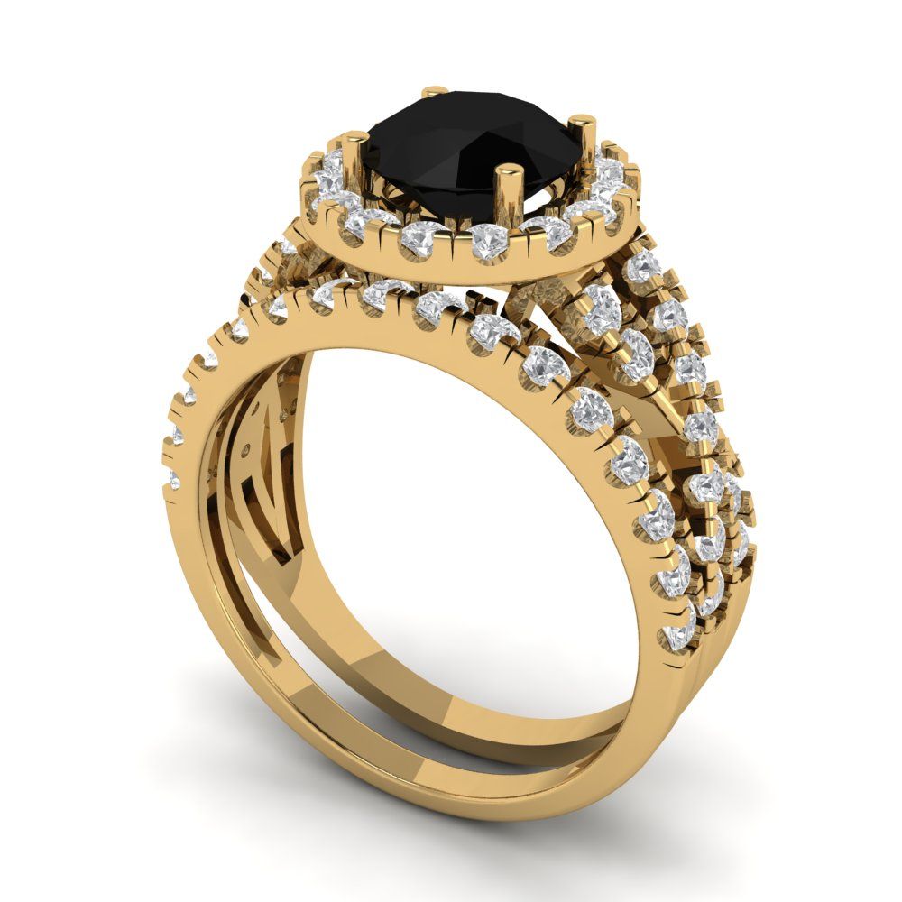 1.795 cttw Round Cut Natural Onyx Bridal Set - Solid Yellow Gold Engagement Ring & Wedding Band
