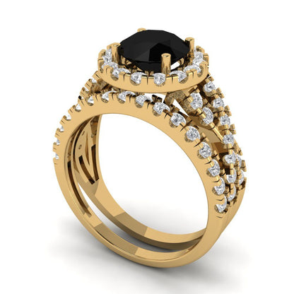 1.795 cttw Round Cut Natural Onyx Bridal Set - Solid Yellow Gold Engagement Ring & Wedding Band