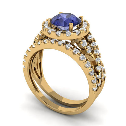1.795 cttw Round Cut Simulated Tanzanite Bridal Set - Solid Yellow Gold Engagement Ring & Wedding Band