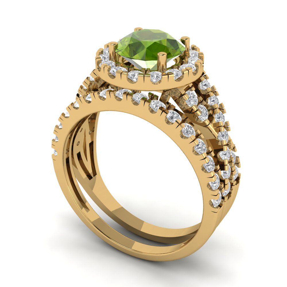 1.795 cttw Round Cut Natural Peridot Bridal Set - Solid Yellow Gold Engagement Ring & Wedding Band
