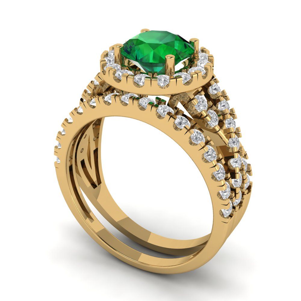 1.795 cttw Round Cut Simulated Emerald Bridal Set - Solid Yellow Gold Engagement Ring & Wedding Band