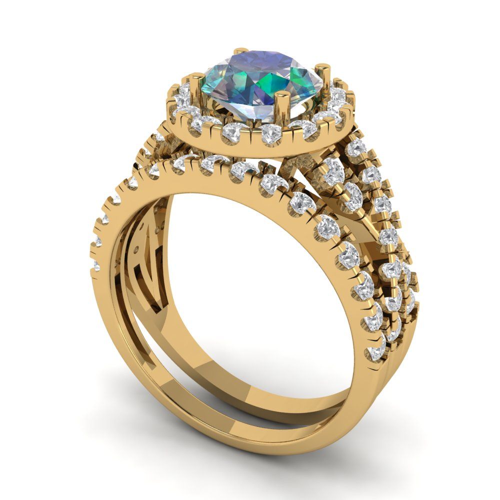 1.795 cttw Round Cut Blue Moissanite Bridal Set - Solid Yellow Gold Engagement Ring & Wedding Band