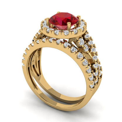 1.795 cttw Round Cut Simulated Ruby Bridal Set - Solid Yellow Gold Engagement Ring & Wedding Band