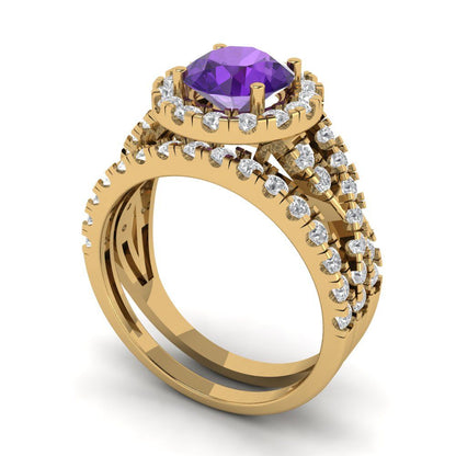 1.795 cttw Round Cut Natural Amethyst Bridal Set - Solid Yellow Gold Engagement Ring & Wedding Band