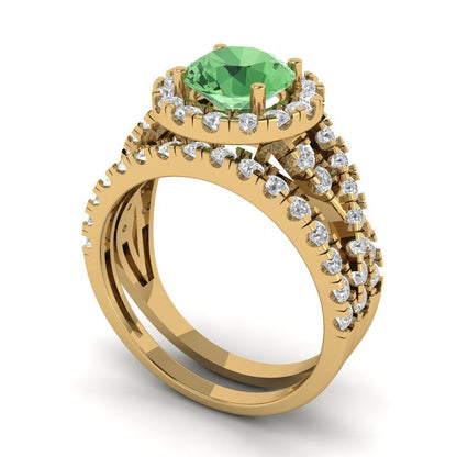 1.795 cttw Round Cut Simulated Green Diamond Bridal Set - Solid Yellow Gold Engagement Ring & Wedding Band