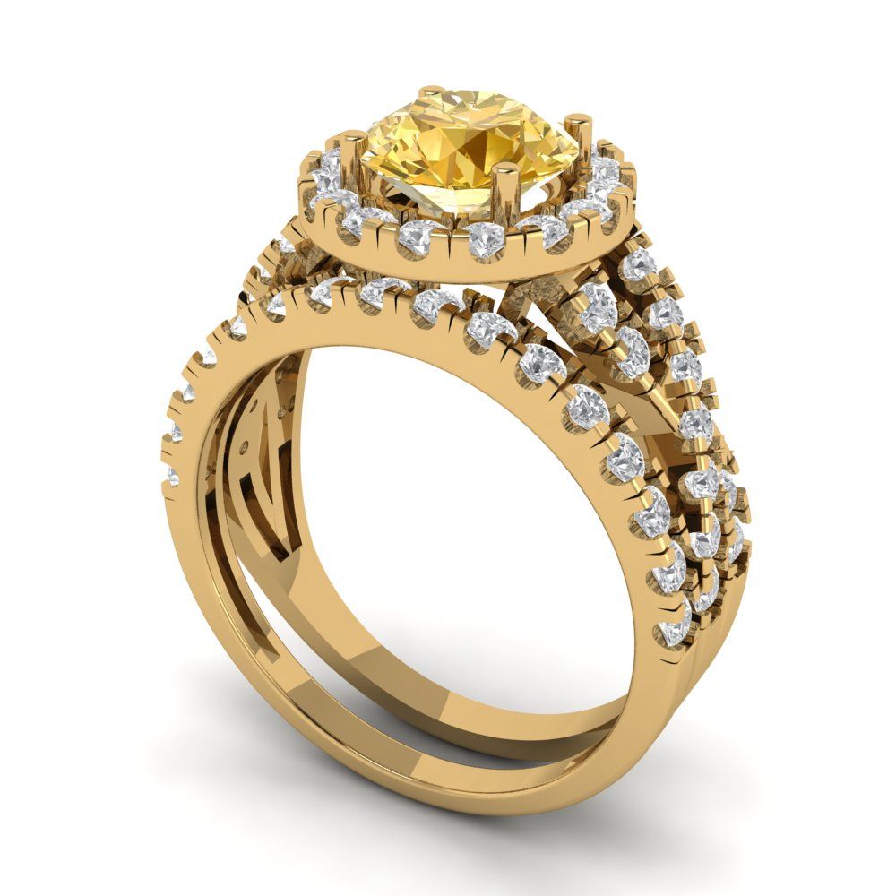 1.795 cttw Round Cut Yellow Moissanite Bridal Set - Solid Yellow Gold Engagement Ring & Wedding Band