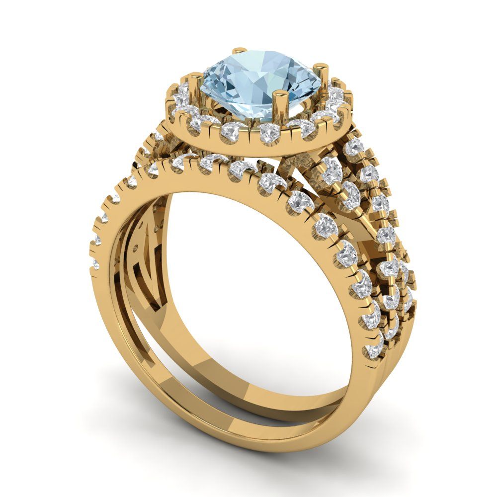 1.795 cttw Round Cut Natural Aquamarine Bridal Set - Solid Yellow Gold Engagement Ring & Wedding Band