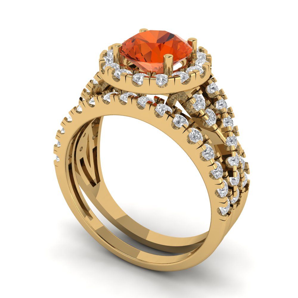 1.795 cttw Round Cut Simulated Red Diamond Bridal Set - Solid Yellow Gold Engagement Ring & Wedding Band