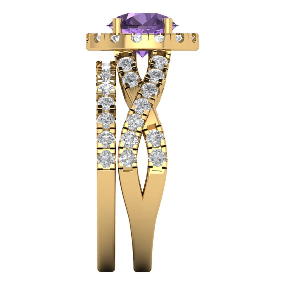 1.795 cttw Round Cut Simulated Alexandrite Bridal Set - Solid Yellow Gold Engagement Ring & Wedding Band