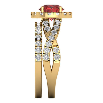 1.795 cttw Round Cut Natural Garnet Bridal Set - Solid Yellow Gold Engagement Ring & Wedding Band