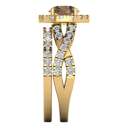 1.795 cttw Round Cut Simulated Champagne Diamond Bridal Set - Solid Yellow Gold Engagement Ring & Wedding Band