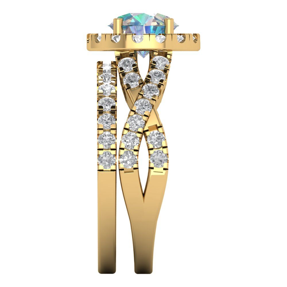 1.795 cttw Round Cut Blue Moissanite Bridal Set - Solid Yellow Gold Engagement Ring & Wedding Band