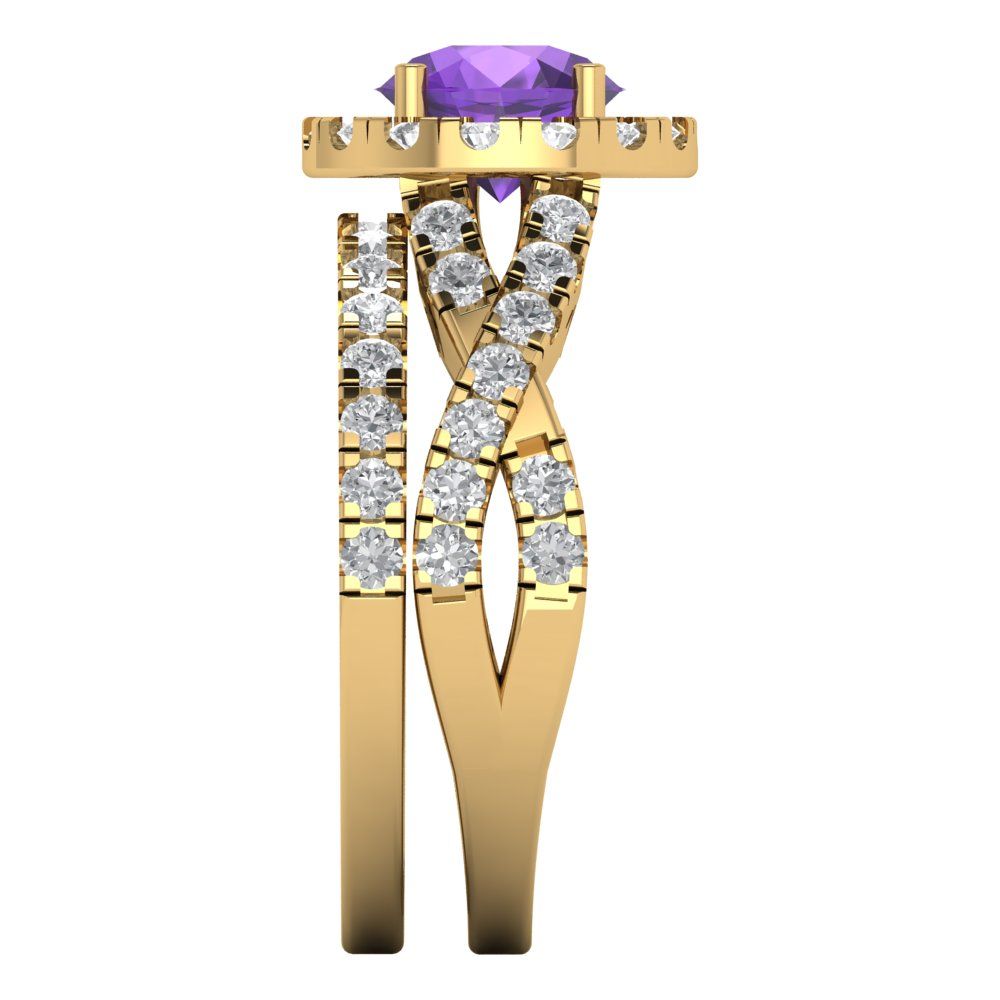 1.795 cttw Round Cut Natural Amethyst Bridal Set - Solid Yellow Gold Engagement Ring & Wedding Band