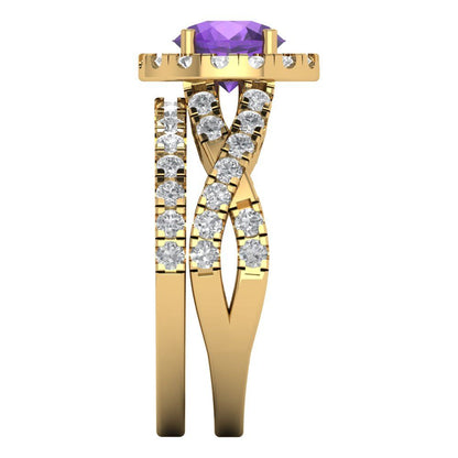 1.795 cttw Round Cut Natural Amethyst Bridal Set - Solid Yellow Gold Engagement Ring & Wedding Band