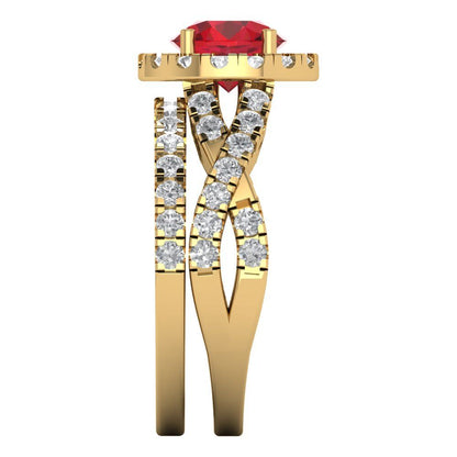 1.795 cttw Round Cut Simulated Ruby Bridal Set - Solid Yellow Gold Engagement Ring & Wedding Band