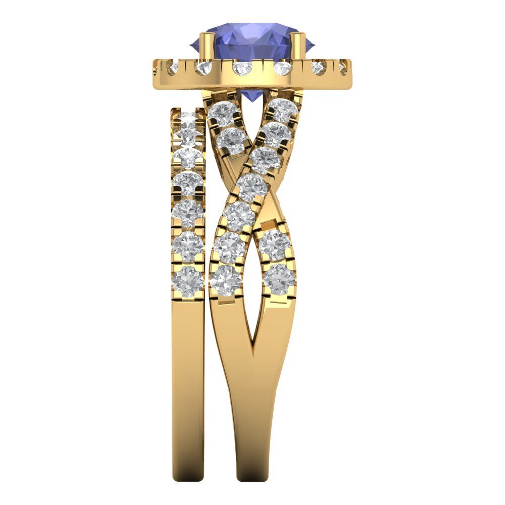 1.795 cttw Round Cut Simulated Tanzanite Bridal Set - Solid Yellow Gold Engagement Ring & Wedding Band