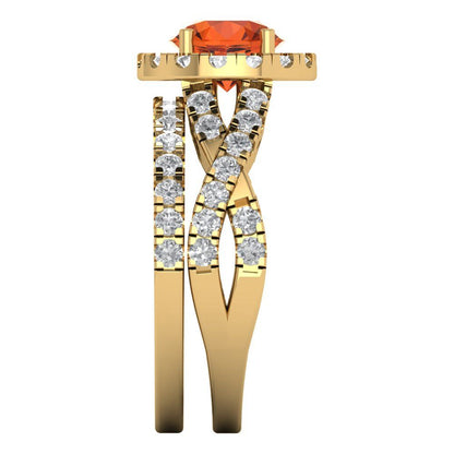 1.795 cttw Round Cut Simulated Red Diamond Bridal Set - Solid Yellow Gold Engagement Ring & Wedding Band