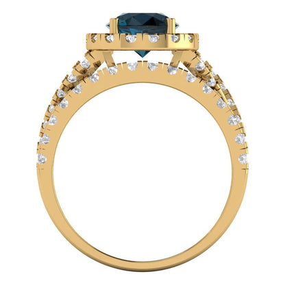 1.795 cttw Round Cut Natural London Blue Topaz Bridal Set - Solid Yellow Gold Engagement Ring & Wedding Band