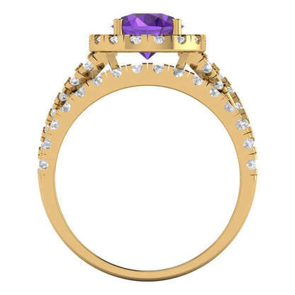 1.795 cttw Round Cut Natural Amethyst Bridal Set - Solid Yellow Gold Engagement Ring & Wedding Band