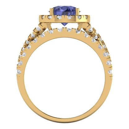 1.795 cttw Round Cut Simulated Tanzanite Bridal Set - Solid Yellow Gold Engagement Ring & Wedding Band