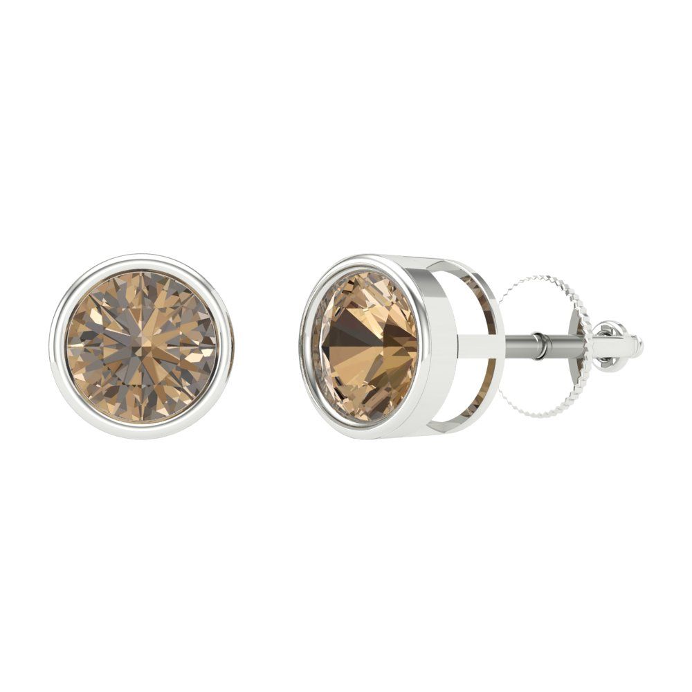 1 ctw Champagne Studs Earrings | 5.0mm Round Cut White Gold Screw back | April Birthstone