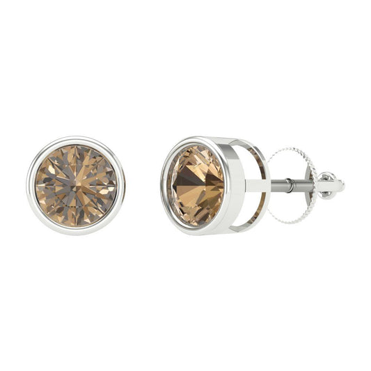 1 ctw Champagne Studs Earrings | 5.0mm Round Cut White Gold Screw back | April Birthstone