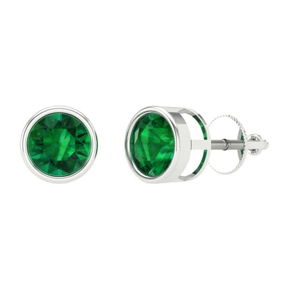 1 ctw Emerald Studs Earrings | 5.0mm Round Cut White Gold Screw back | May Birthstone
