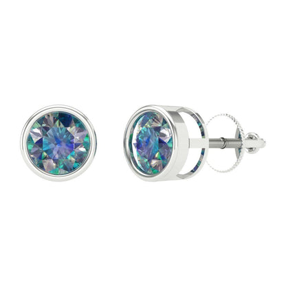 1 ctw Blue Moissanite Studs Earrings | 5.0mm Round Cut White Gold Screw back | April Birthstone
