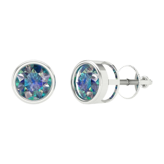 1 ctw Blue Moissanite Studs Earrings | 5.0mm Round Cut White Gold Screw back | April Birthstone