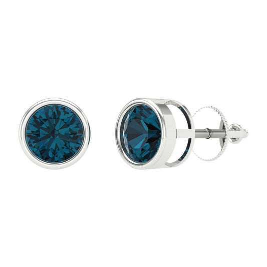 1 ctw London Blue Topaz Studs Earrings | 5.0mm Round Cut White Gold Screw back | December Birthstone