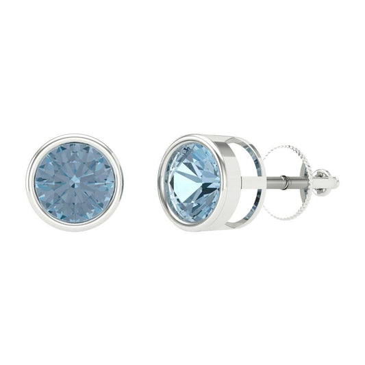 1 ctw Blue Zirconia Studs Earrings | 5.0mm Round Cut White Gold Screw back | April Birthstone