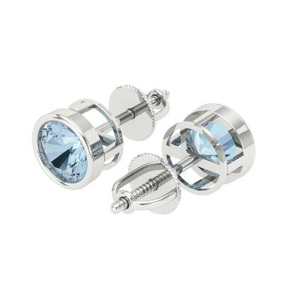 1 ctw Aquamarine Studs Earrings | 5.0mm Round Cut White Gold Screw back | March Birthstone