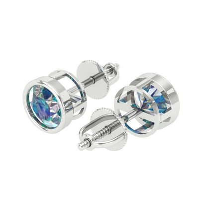 1 ctw Blue Moissanite Studs Earrings | 5.0mm Round Cut White Gold Screw back | April Birthstone