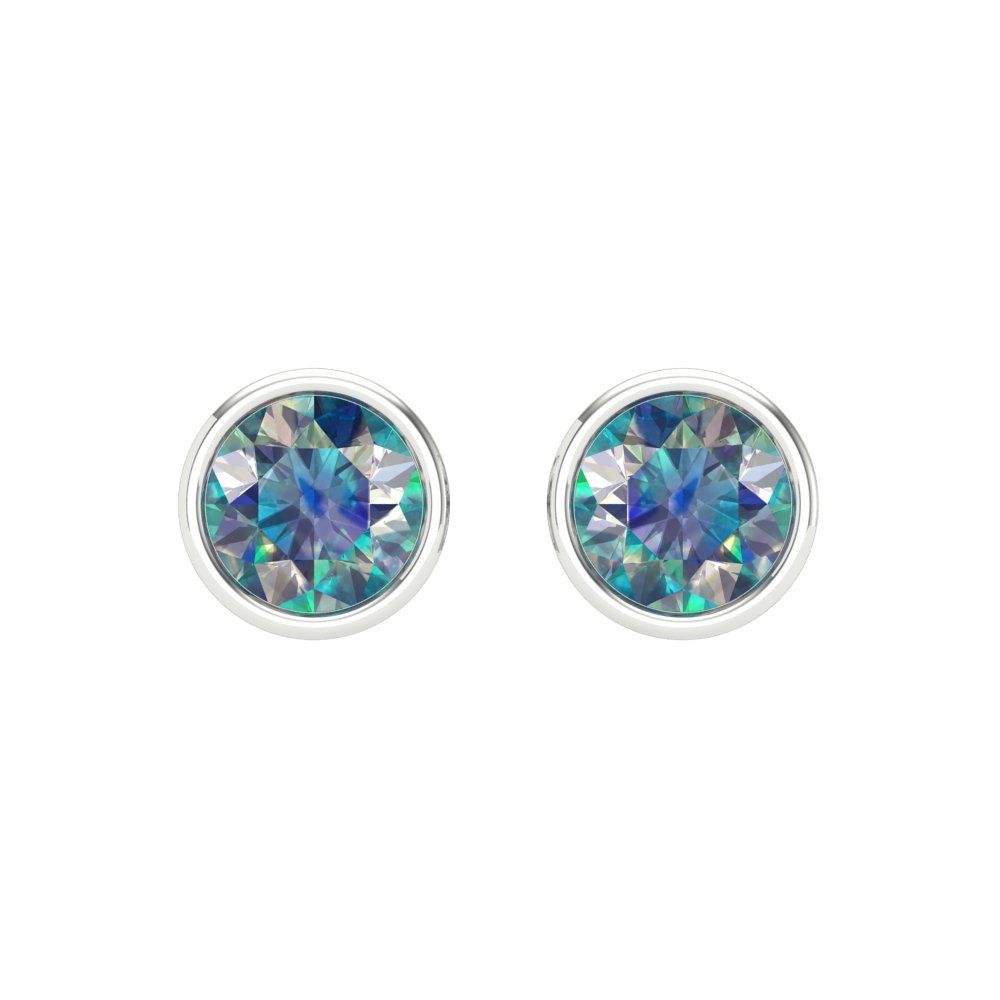 1 ctw Blue Moissanite Studs Earrings | 5.0mm Round Cut White Gold Screw back | April Birthstone