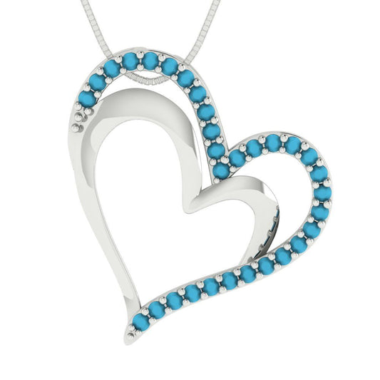 0.31 tcw Necklace Pendant - 14K White Gold Round Cut Charm Turquoise - Adjustable Length - 15in Box Chain to 18in